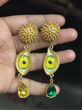 Schiaparelli Inspired Gold Drop Earrings with Green and Yellow Eye Motif